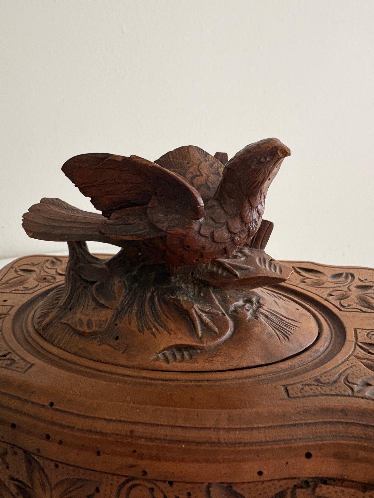 Antique Swiss Black Forest Carved  Wood Jewelry Box with Bird Finial, circa 1890 - Collector & Curator