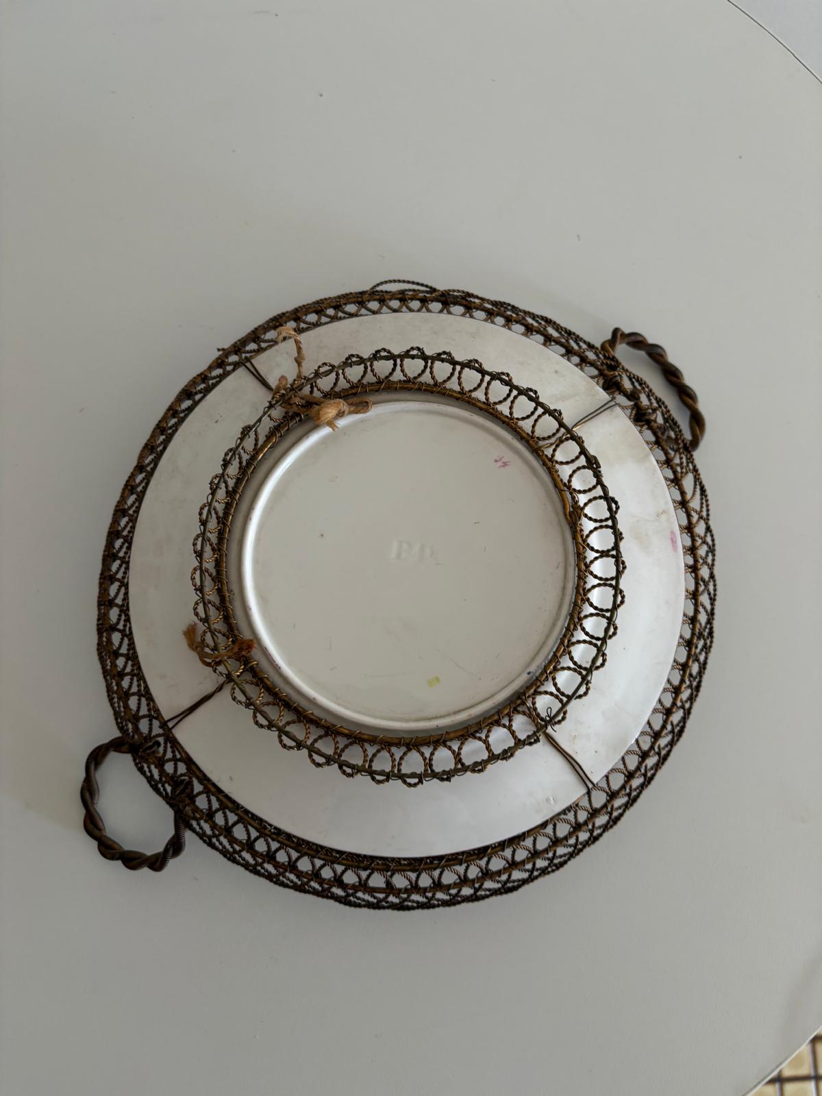 Antique Floral Porcelain Plate in Twisted Wire Basket - Collector & Curator
