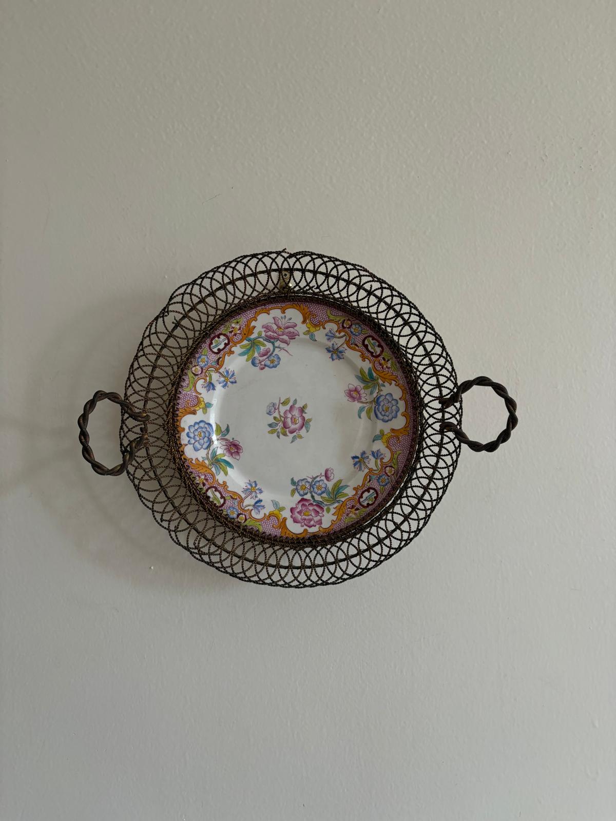 Antique Floral Porcelain Plate in Twisted Wire Basket - Collector & Curator