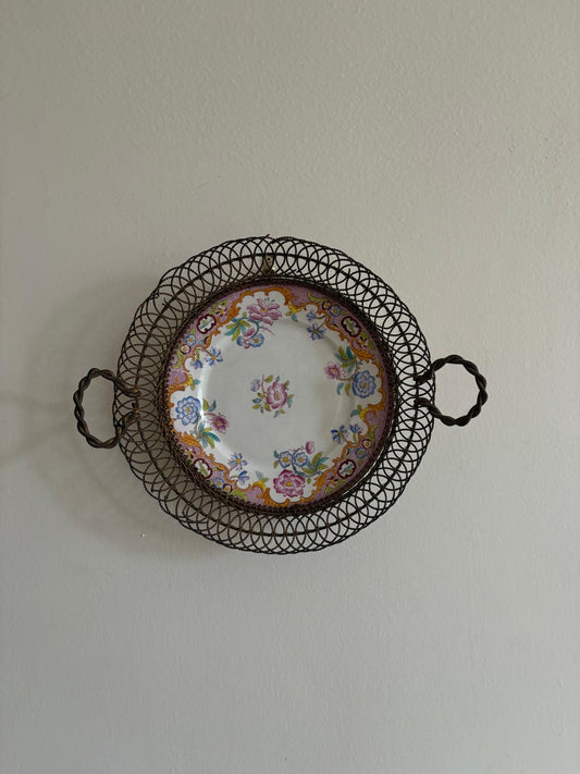 Antique Floral Porcelain Plate in Twisted Wire Basket - Collector & Curator