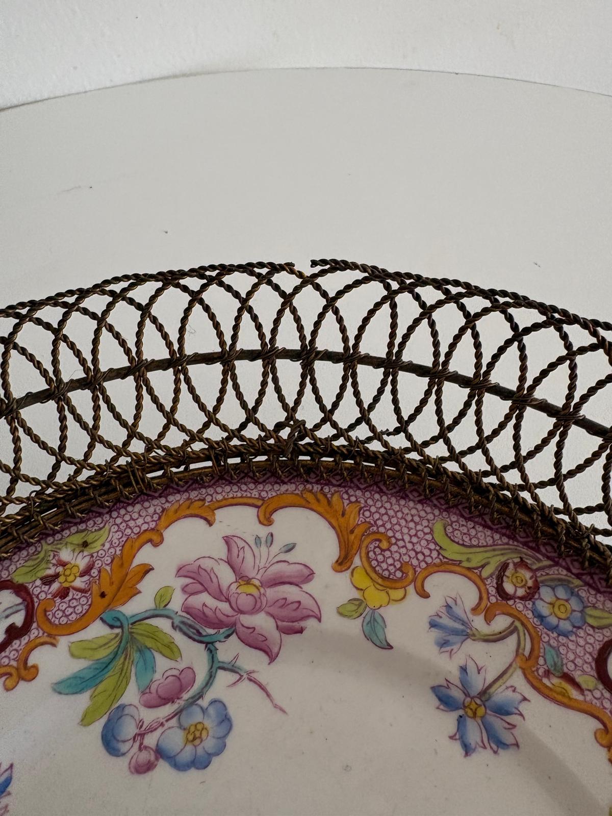 Antique Floral Porcelain Plate in Twisted Wire Basket - Collector & Curator