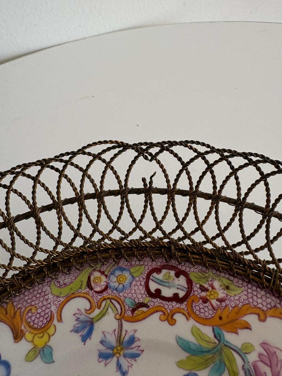 Antique Floral Porcelain Plate in Twisted Wire Basket - Collector & Curator