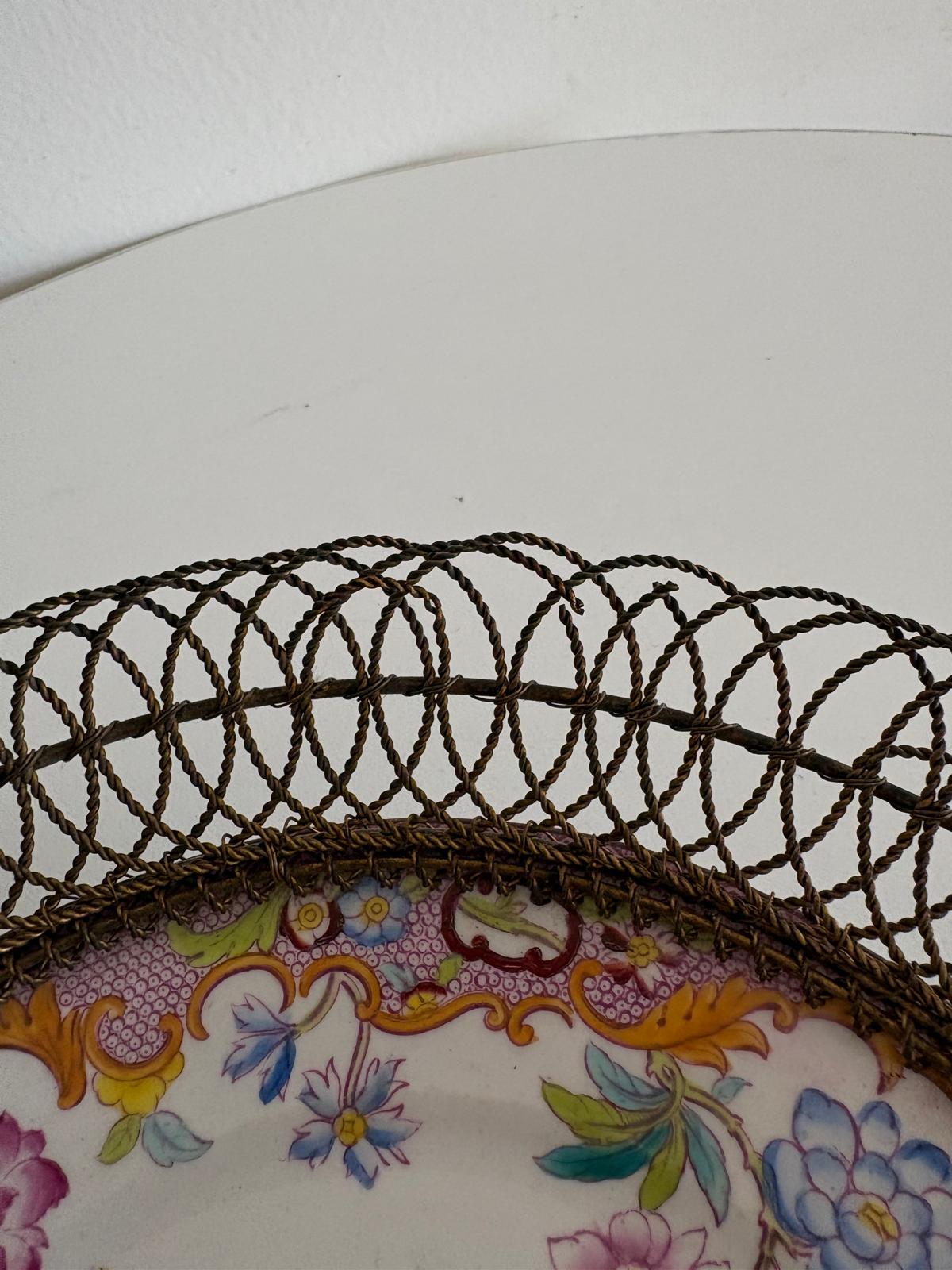 Antique Floral Porcelain Plate in Twisted Wire Basket - Collector & Curator