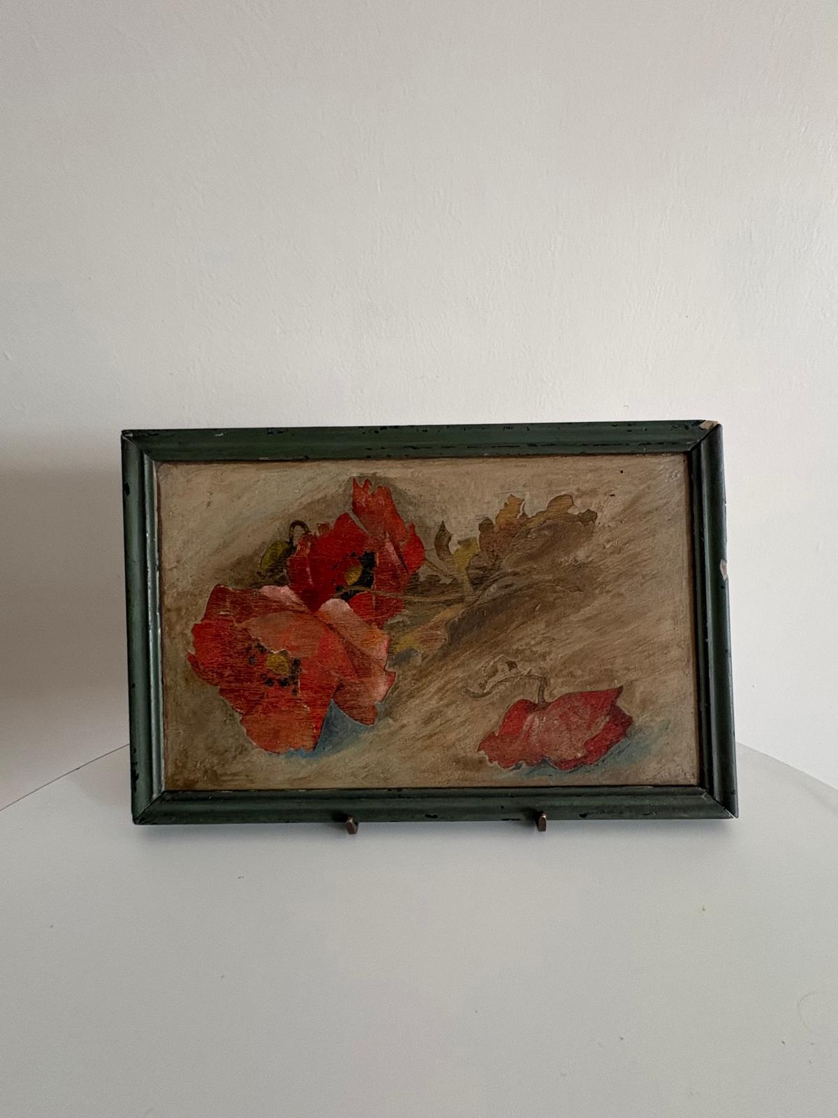 Antique Poppy Floral Painting on Wood Panel in Dark Green Frame - Collector & Curator