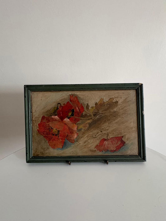 Antique Poppy Floral Painting on Wood Panel in Dark Green Frame - Collector & Curator