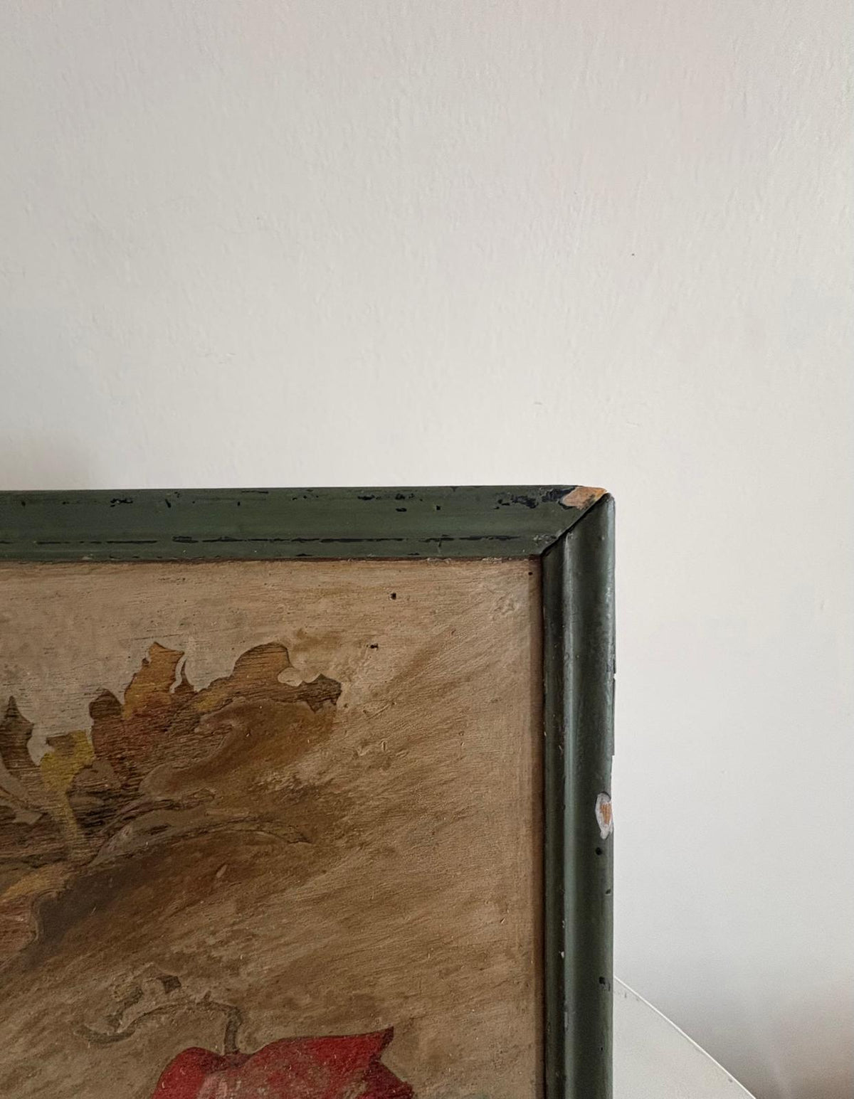 Antique Poppy Floral Painting on Wood Panel in Dark Green Frame - Collector & Curator