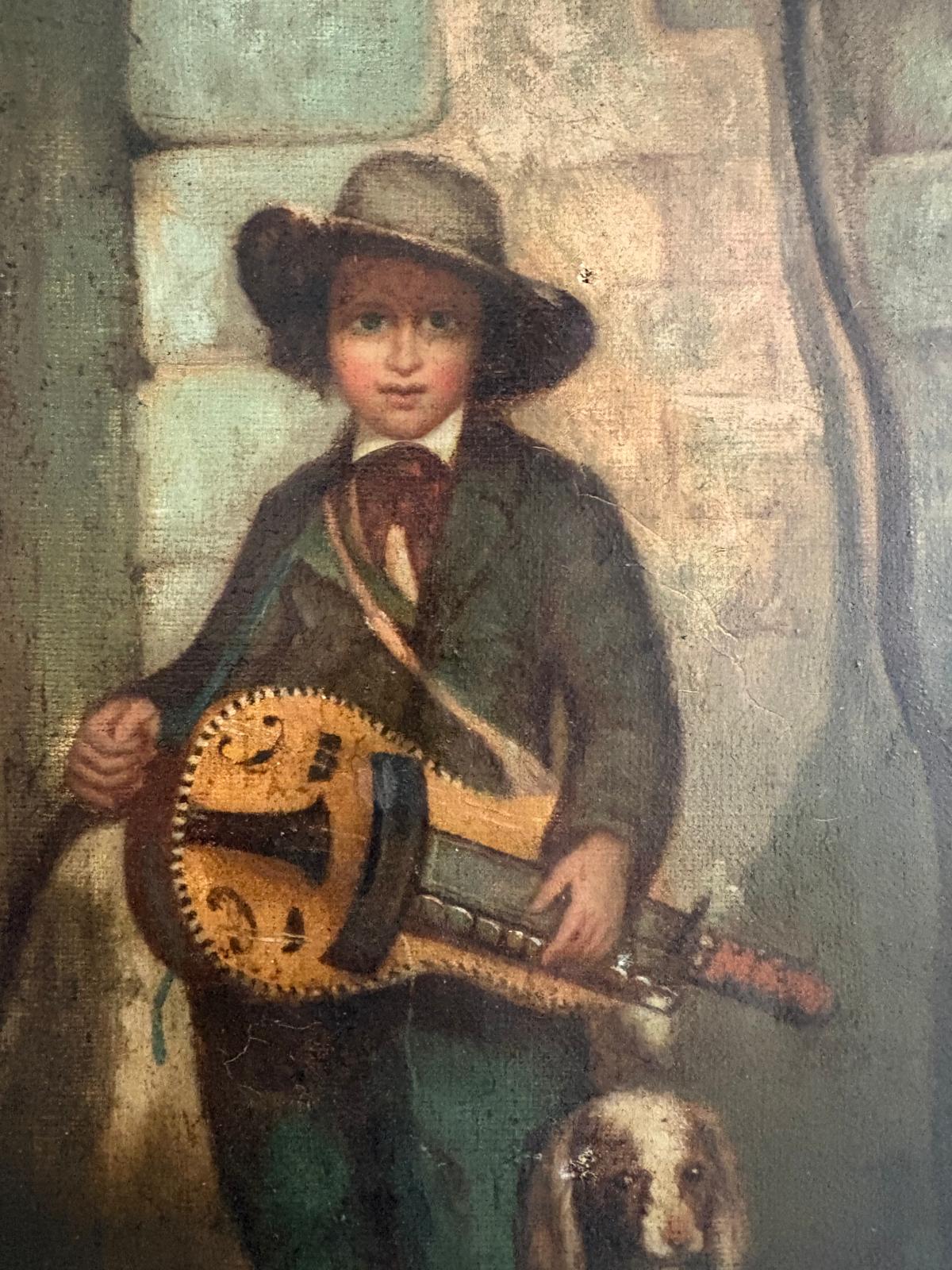 Antique 19th Century Oil Painting Savoyard  Boy with Hurdy Gurdy and Dog - Collector & Curator