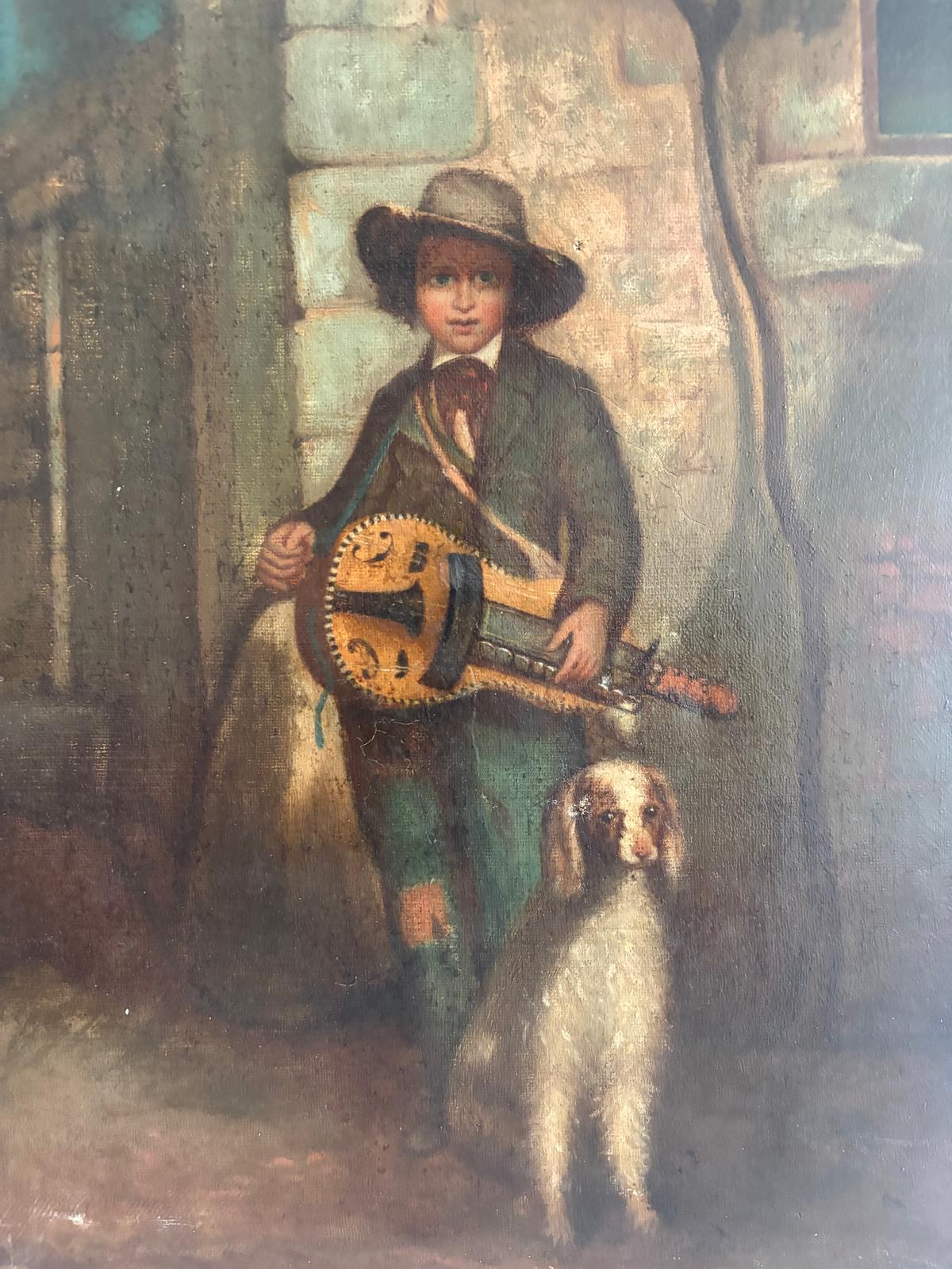 Antique 19th Century Oil Painting Savoyard  Boy with Hurdy Gurdy and Dog - Collector & Curator