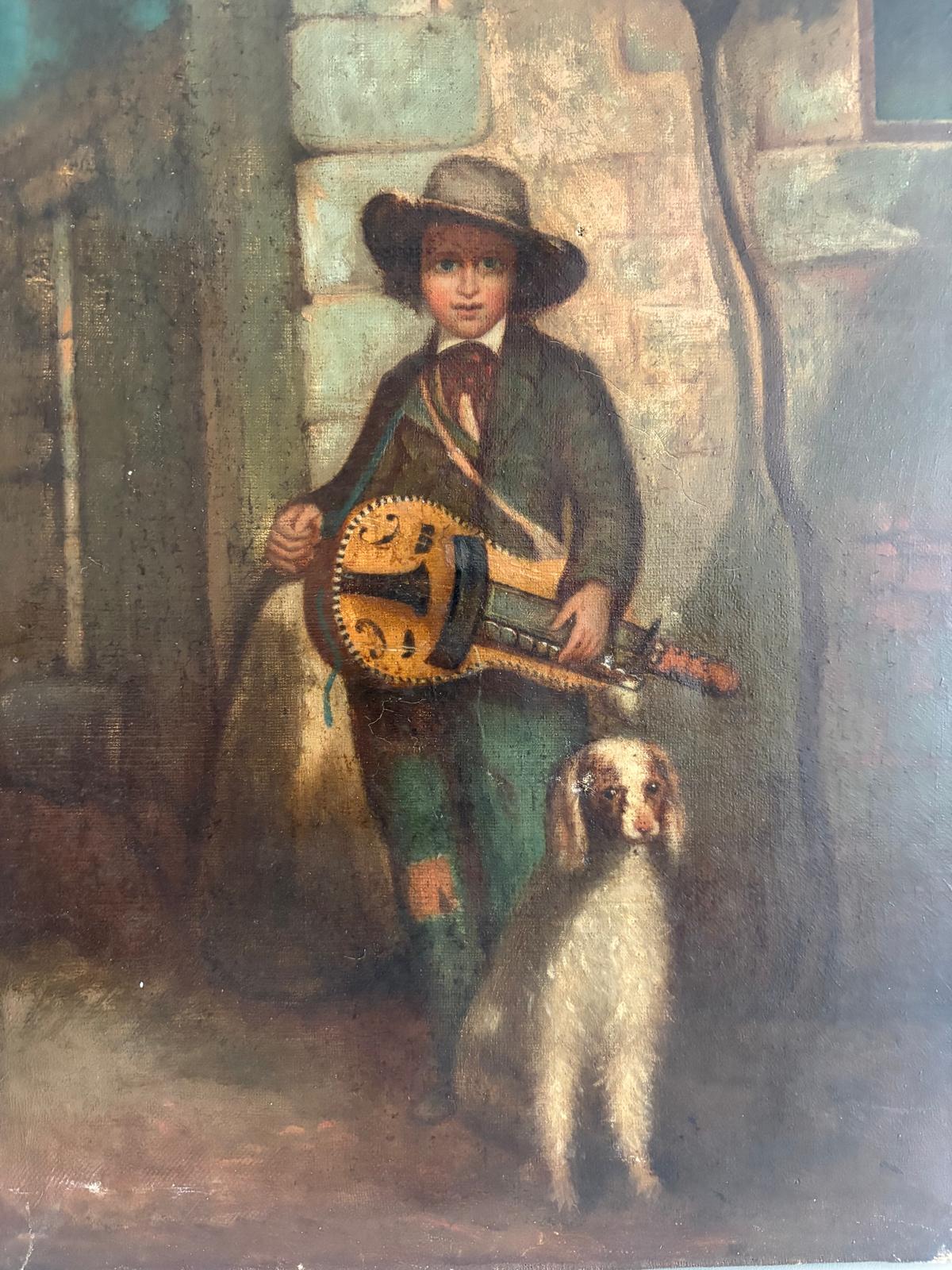 Antique 19th Century Oil Painting Savoyard  Boy with Hurdy Gurdy and Dog - Collector & Curator