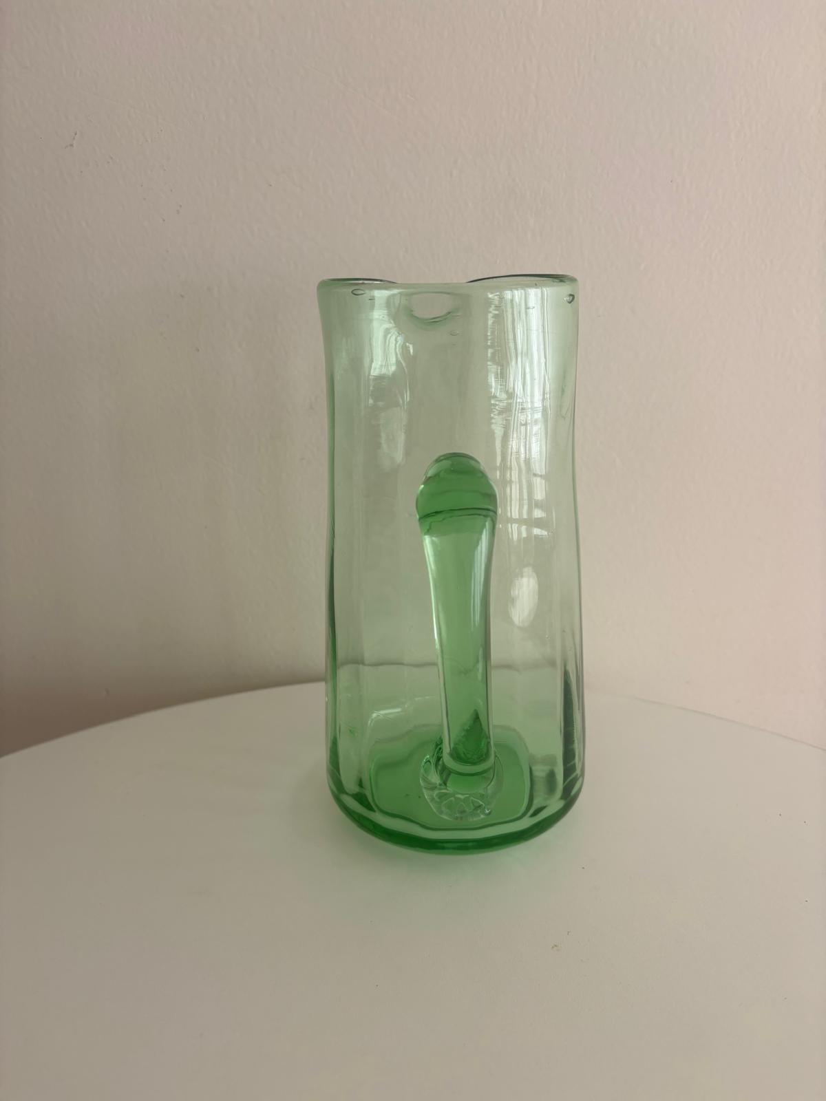 Vintage Pale Green Art Glass Pitcher with Applied Handle & Stamped Rosette, European c. 1930s–50s - Collector & Curator