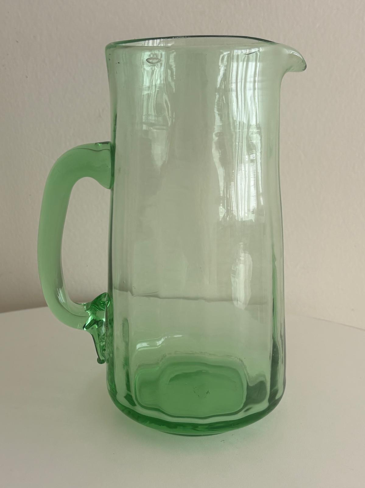 Vintage Pale Green Art Glass Pitcher with Applied Handle & Stamped Rosette, European c. 1930s–50s - Collector & Curator