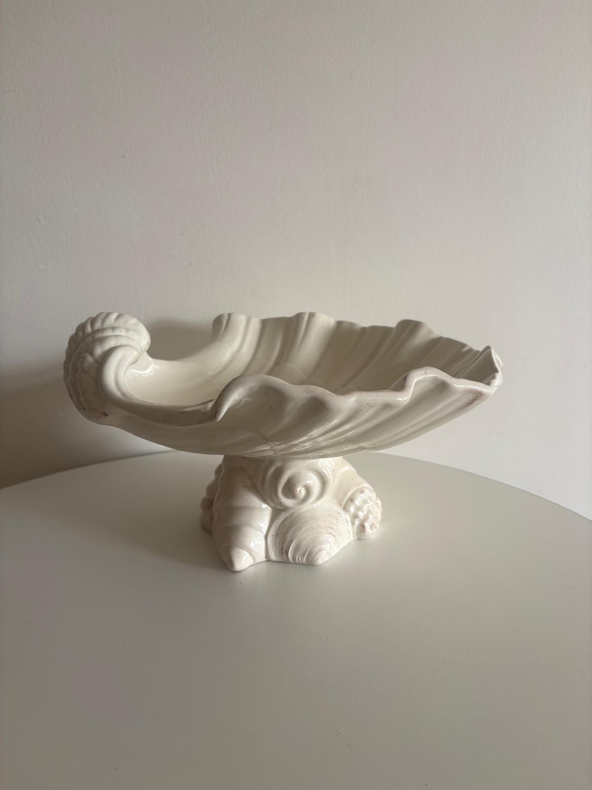 Vintage Italian White Ceramic Shell Centerpiece  Compote, Large Seashell Pedestal Bowl, Made in Italy - Collector & Curator