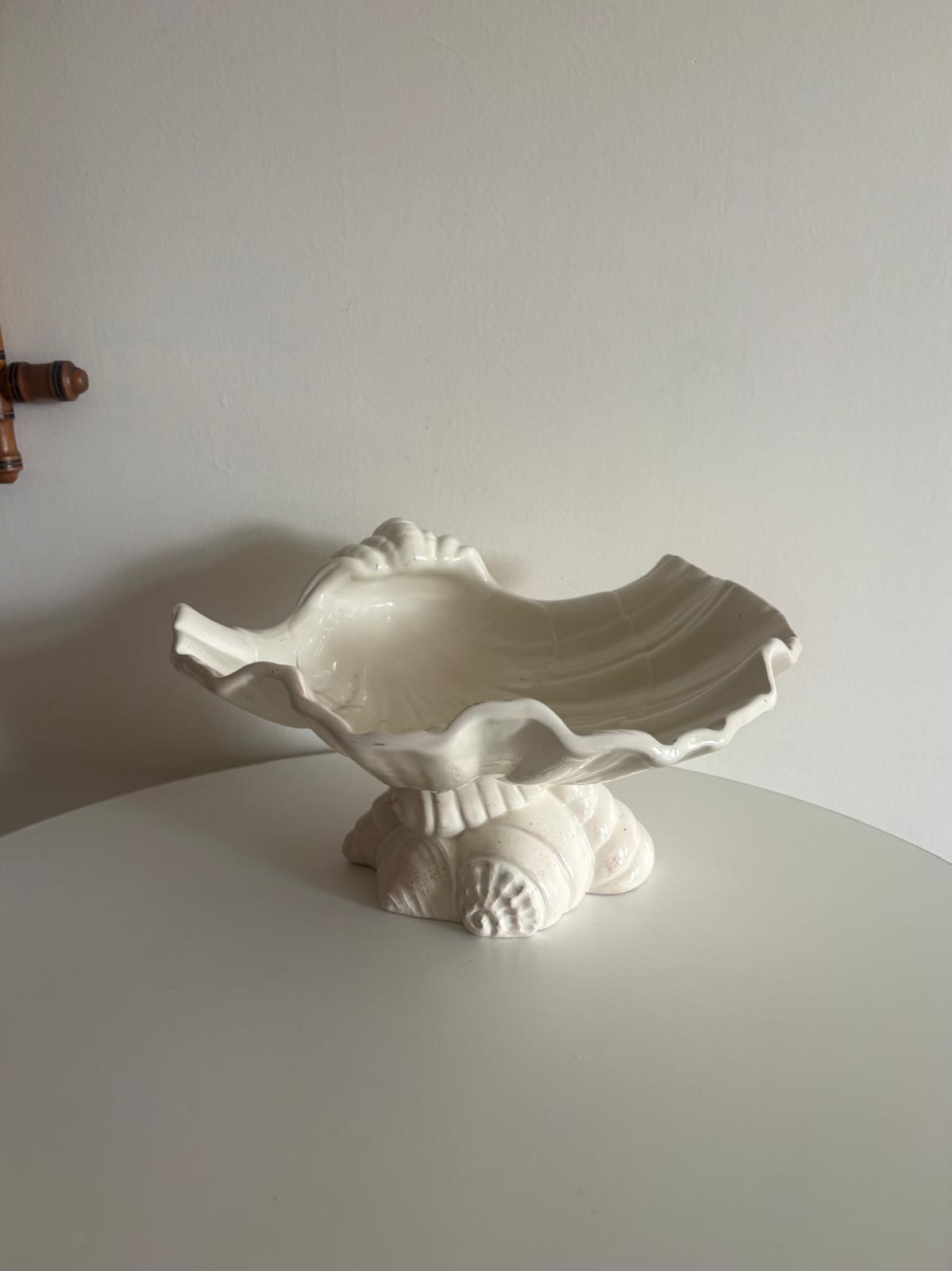 Vintage Italian White Ceramic Shell Centerpiece  Compote, Large Seashell Pedestal Bowl, Made in Italy - Collector & Curator