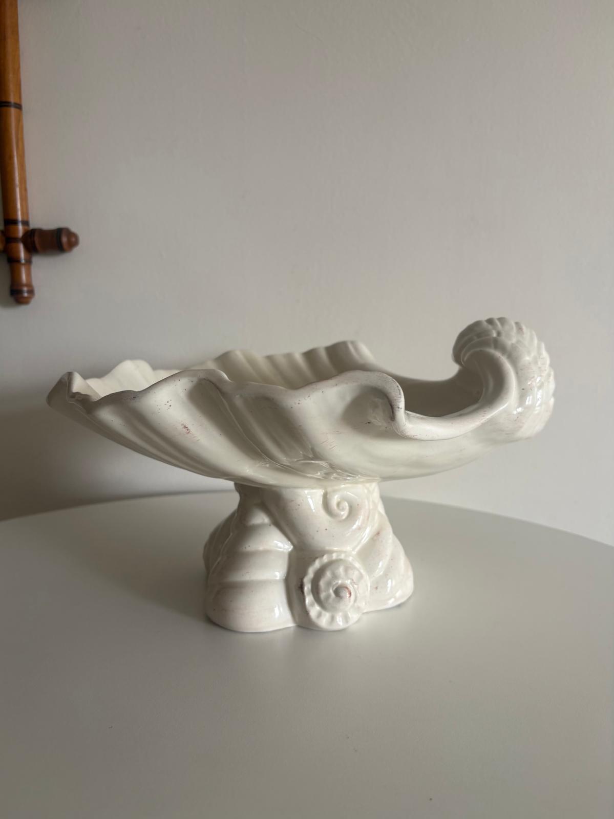 Vintage Italian White Ceramic Shell Centerpiece  Compote, Large Seashell Pedestal Bowl, Made in Italy - Collector & Curator