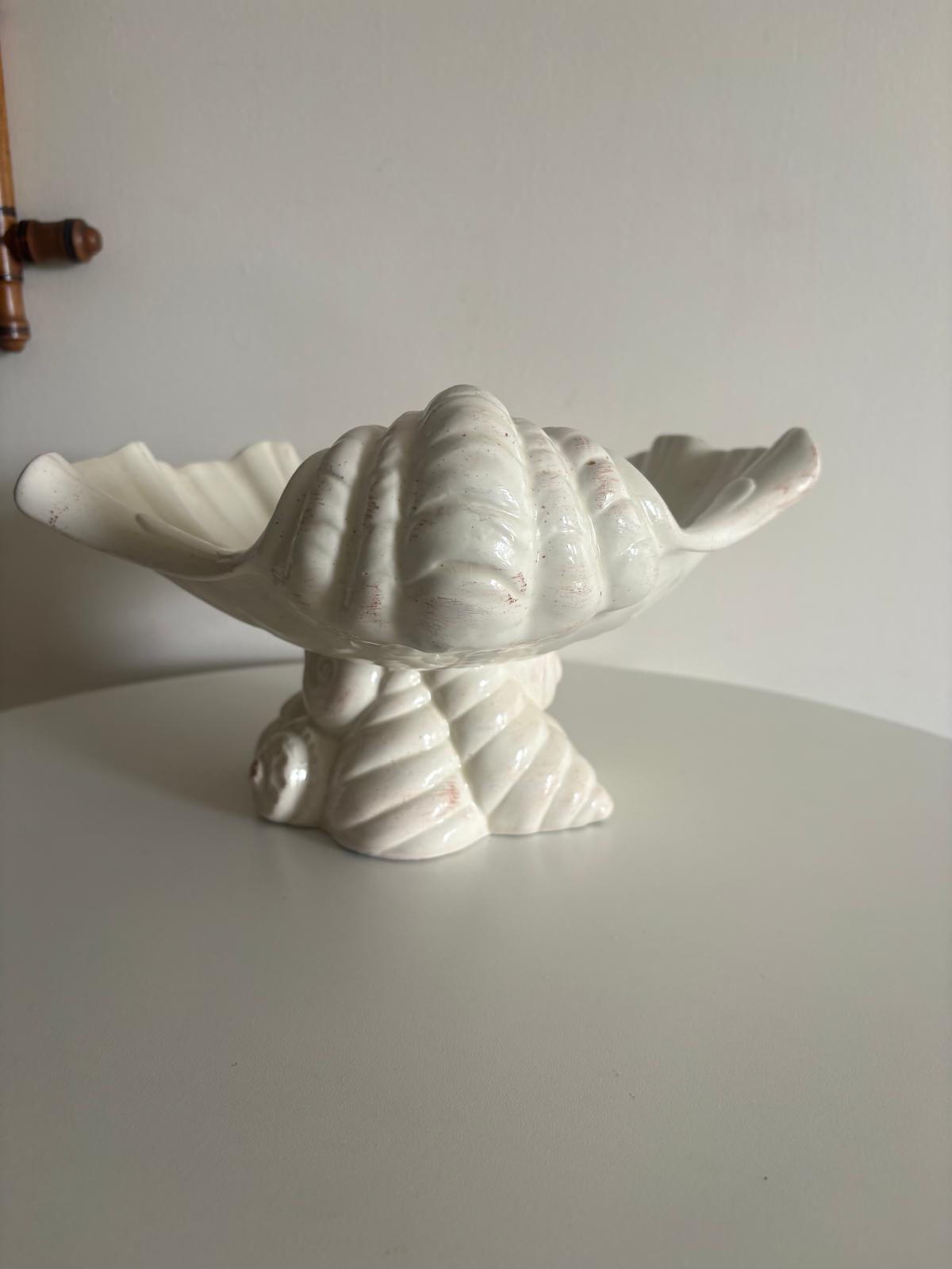 Vintage Italian White Ceramic Shell Centerpiece  Compote, Large Seashell Pedestal Bowl, Made in Italy - Collector & Curator