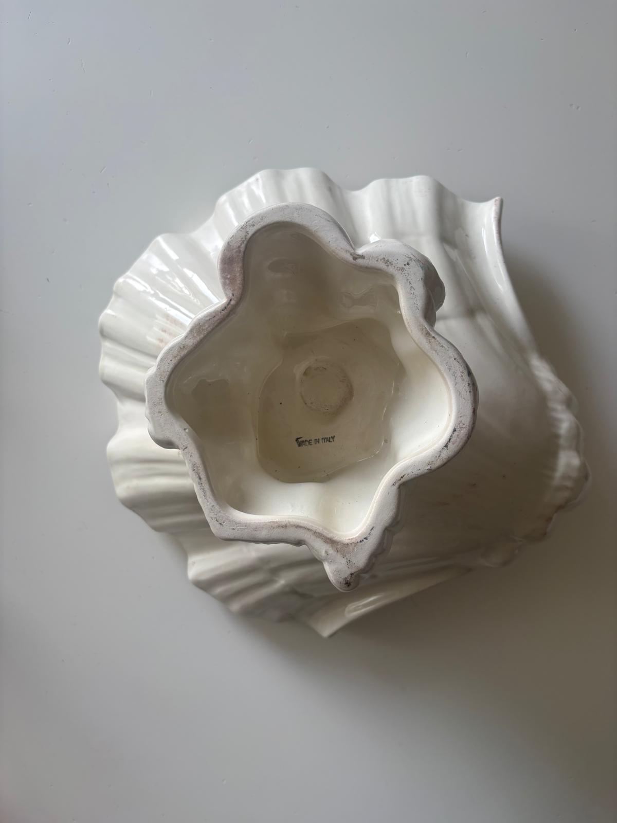 Vintage Italian White Ceramic Shell Centerpiece  Compote, Large Seashell Pedestal Bowl, Made in Italy - Collector & Curator
