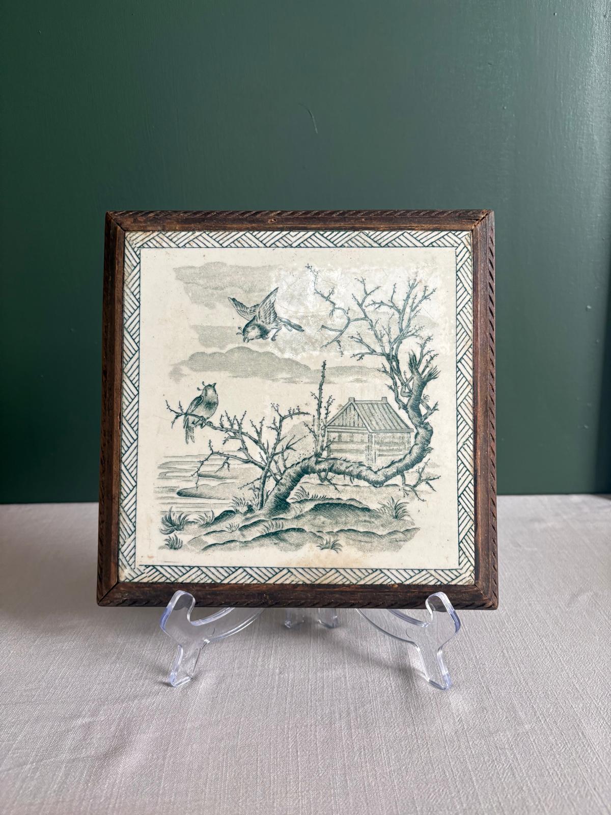 Vintage French Green Transferware Bird & Cottage Tile Trivet in Carved Wood Frame - Collector & Curator