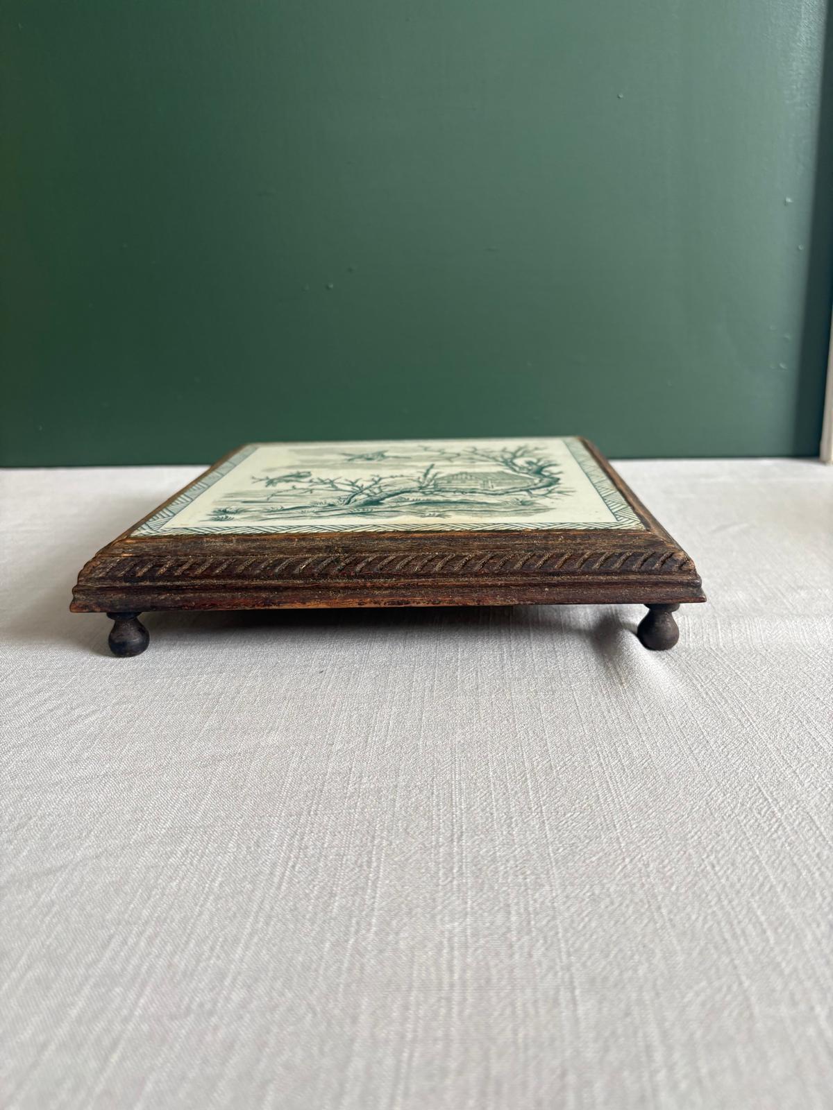Vintage French Green Transferware Bird & Cottage Tile Trivet in Carved Wood Frame - Collector & Curator