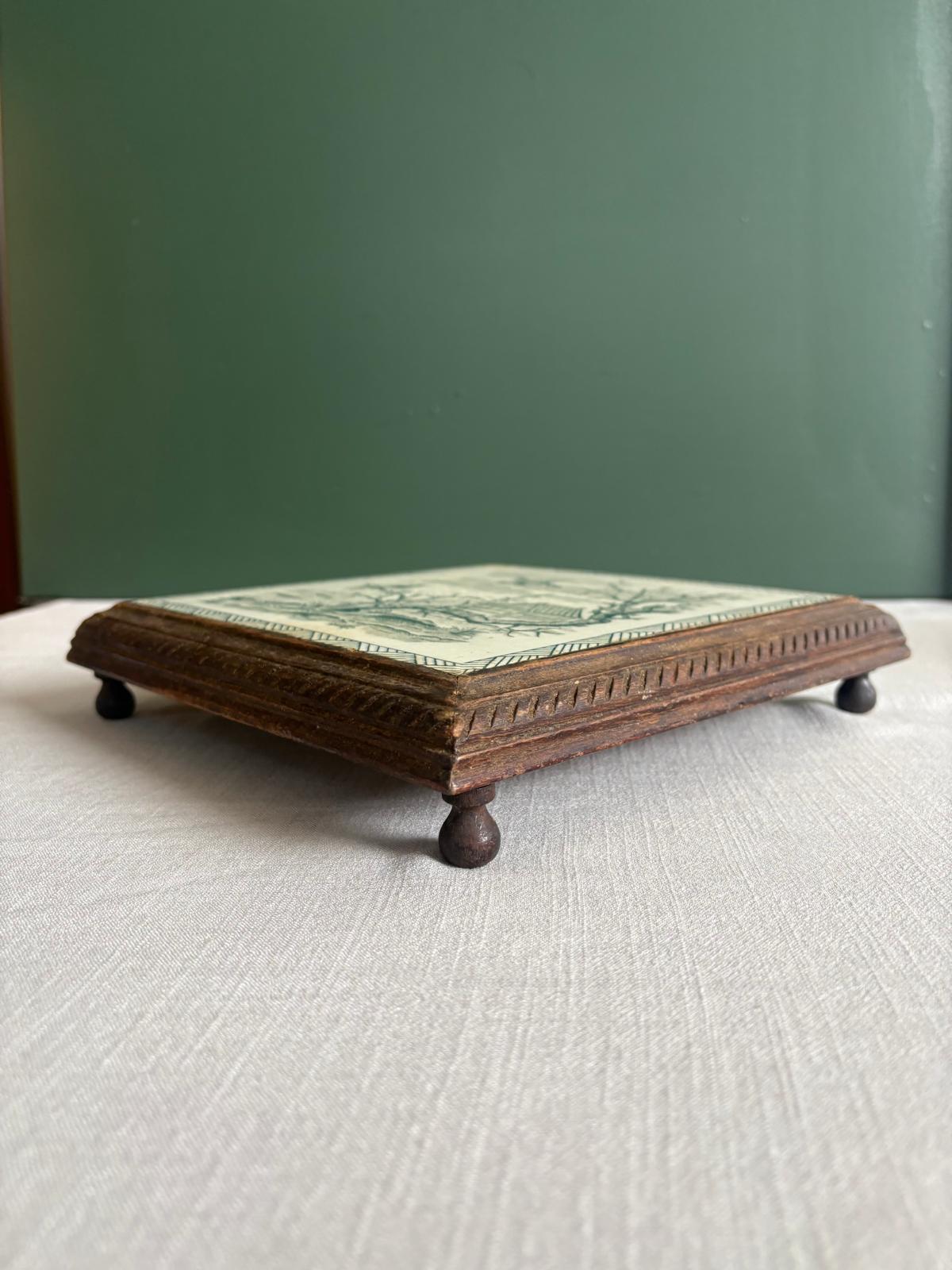Vintage French Green Transferware Bird & Cottage Tile Trivet in Carved Wood Frame - Collector & Curator