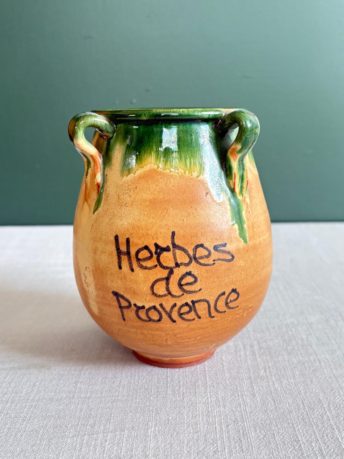 Vintage French Provençal “Herbes de Provence” Terracotta Pot with Green Glaze & Four Handles