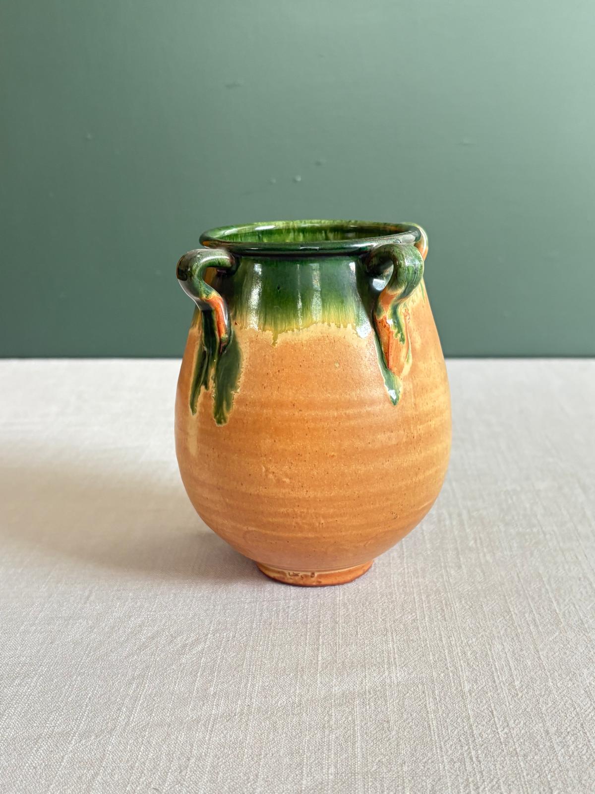 Vintage French Provençal “Herbes de Provence” Terracotta Pot with Green Glaze & Four Handles
