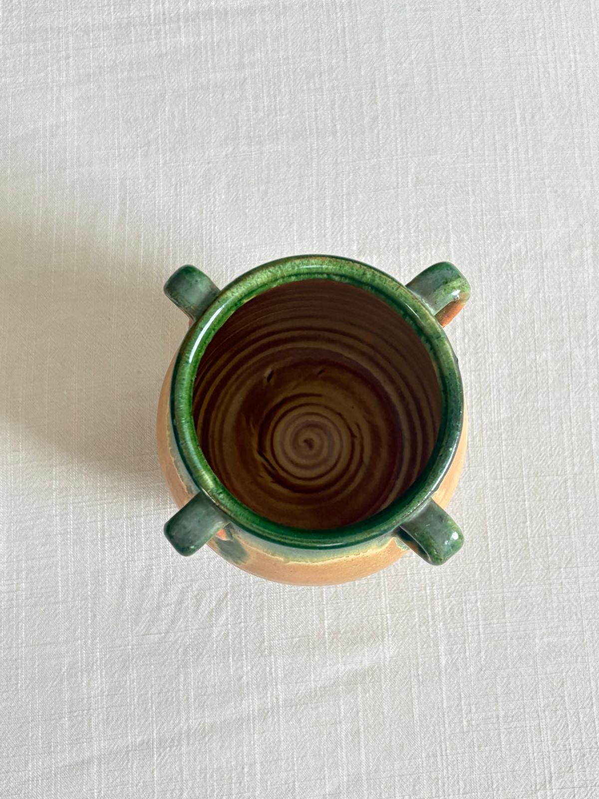 Vintage French Provençal “Herbes de Provence” Terracotta Pot with Green Glaze & Four Handles