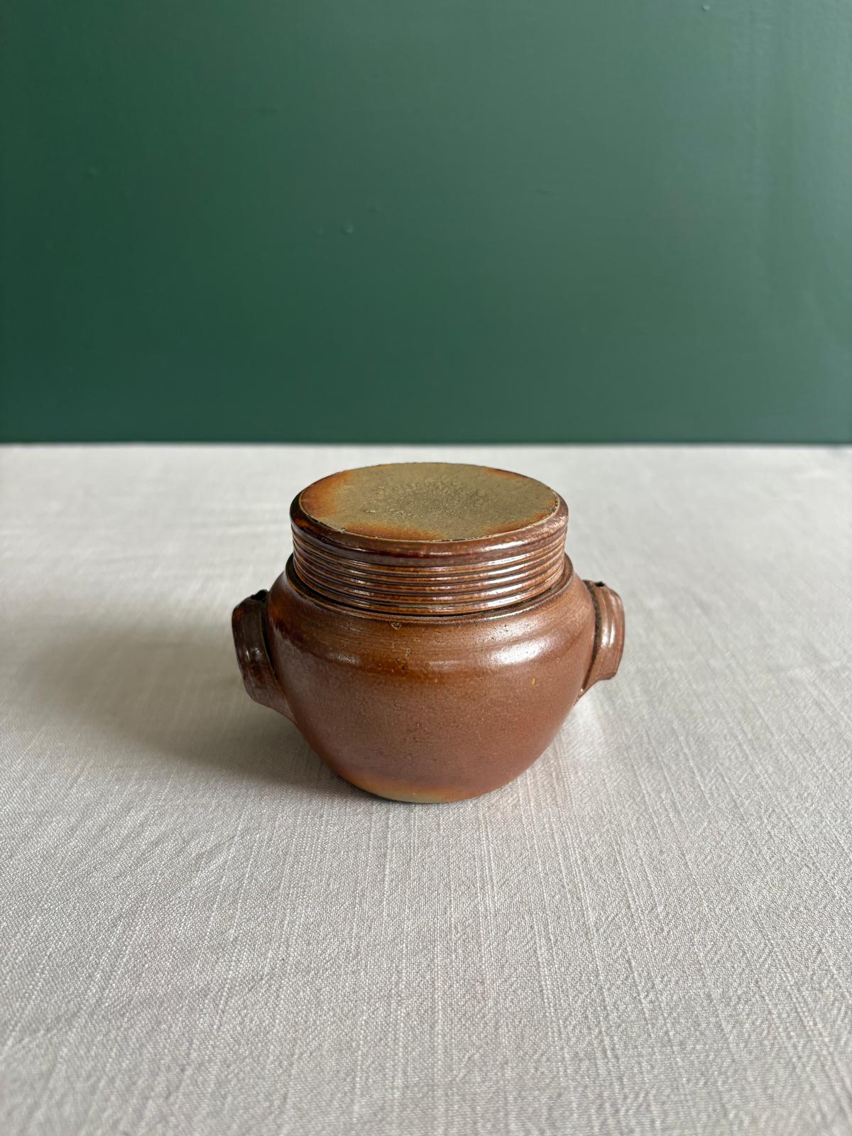 French Miniature Brown Glazed Stoneware Lidded Pot à Oreilles