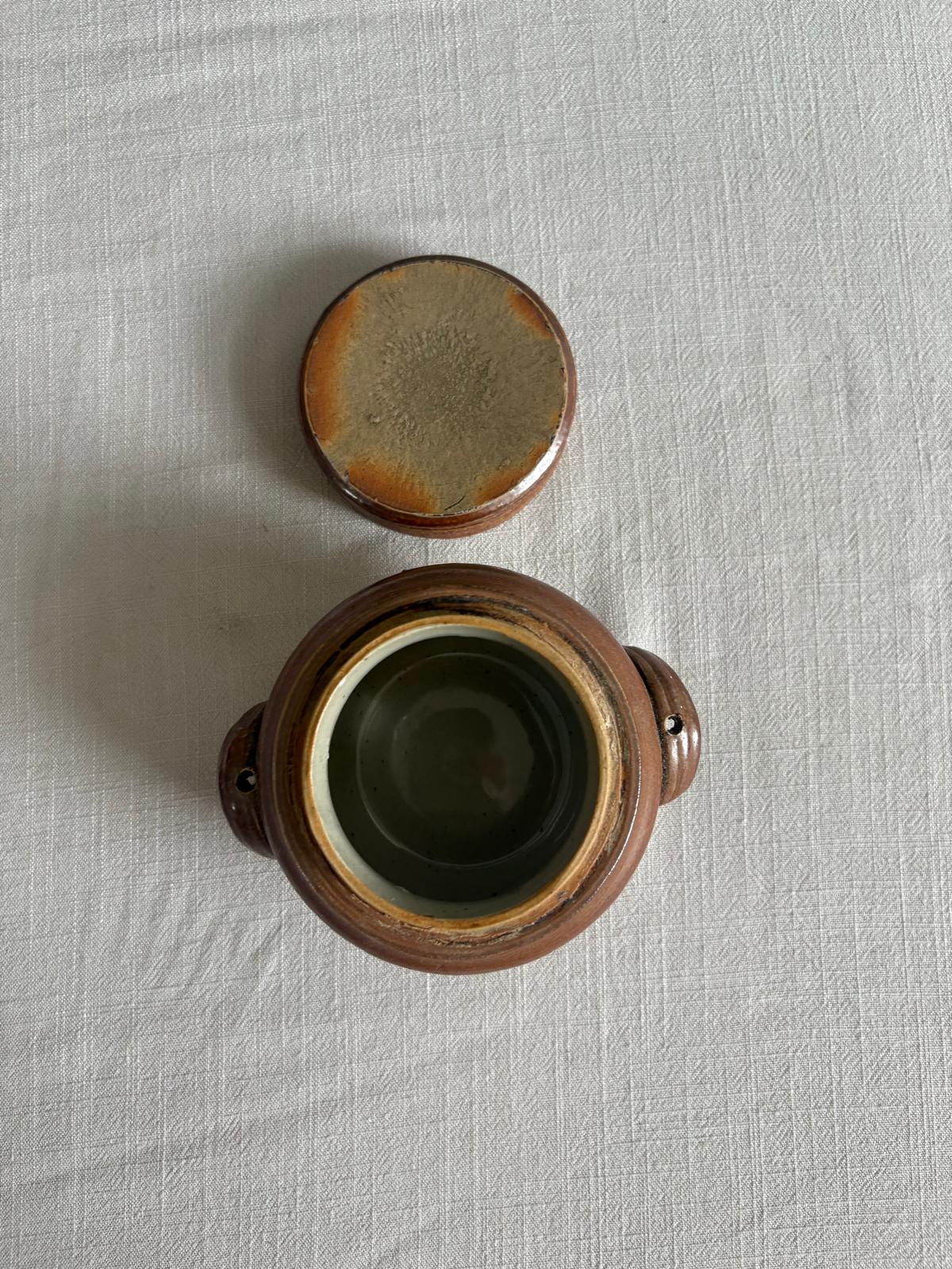 French Miniature Brown Glazed Stoneware Lidded Pot à Oreilles