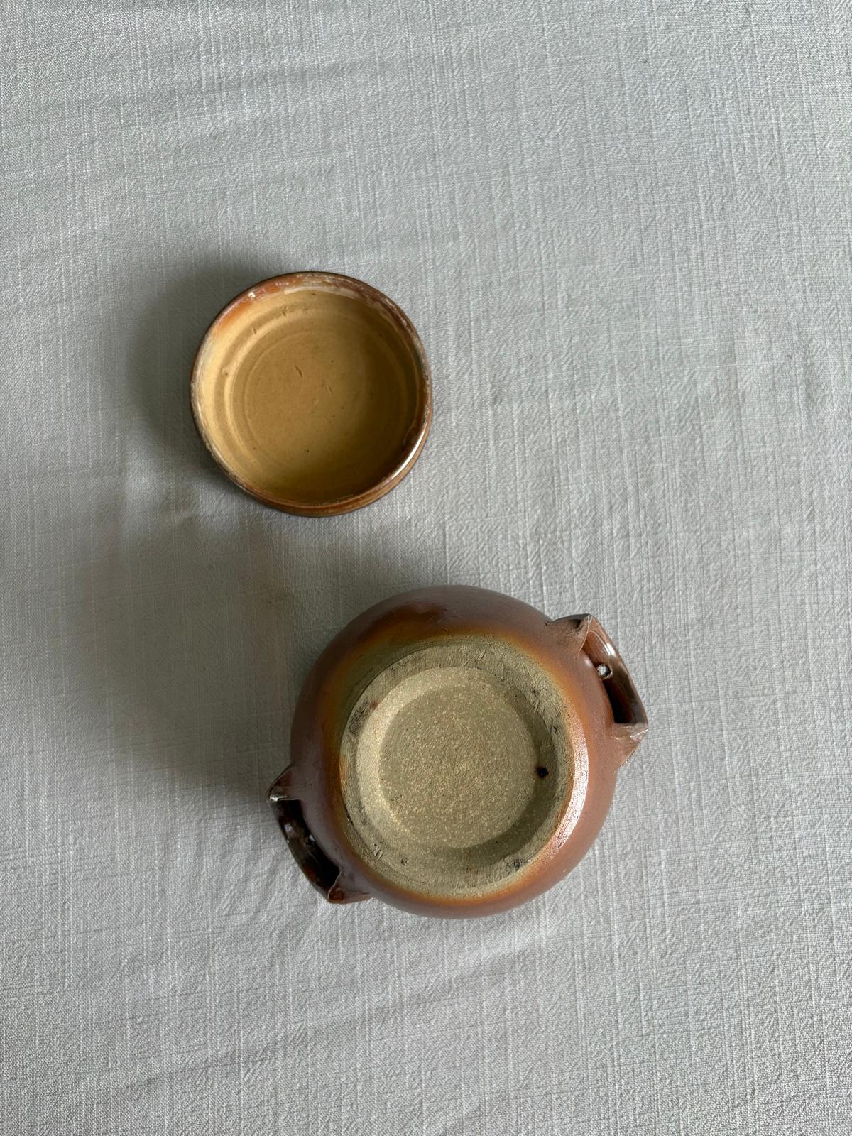 French Miniature Brown Glazed Stoneware Lidded Pot à Oreilles