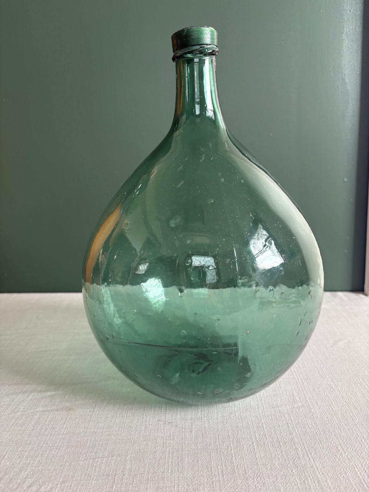 Vintage French Green Glass Demijohn Wine Bottle