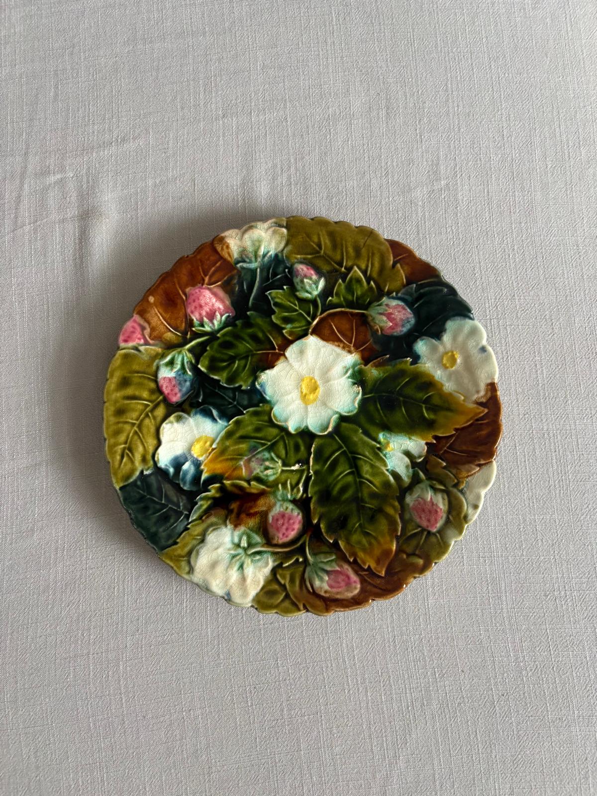 Antique French Majolica Strawberry Plate Barbotine "E"