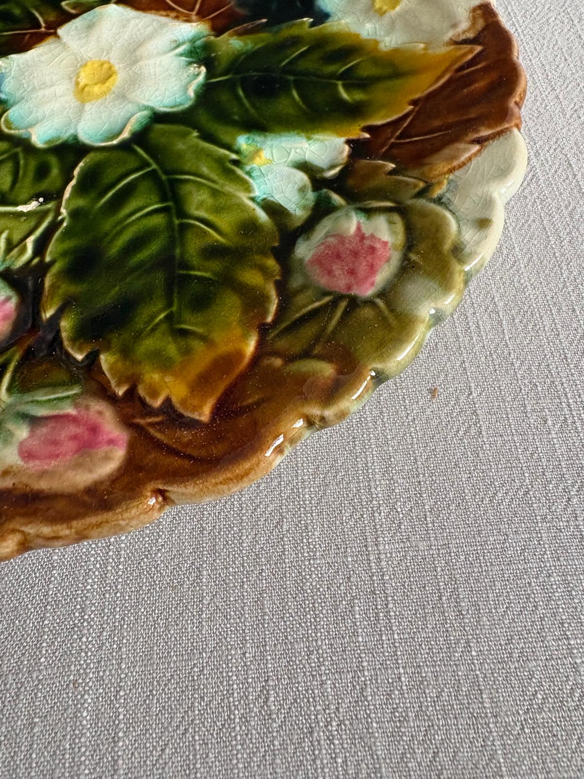 Antique French Majolica Strawberry Plate Barbotine "E"