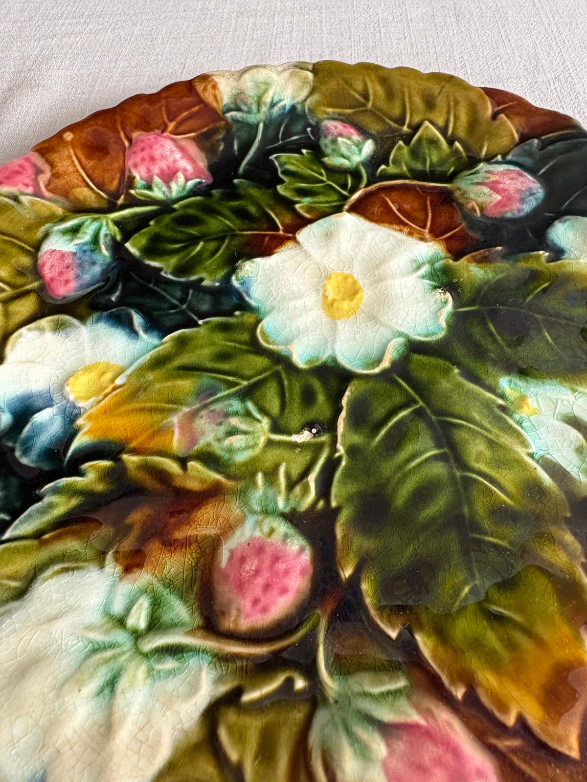 Antique French Majolica Strawberry Plate Barbotine "E"