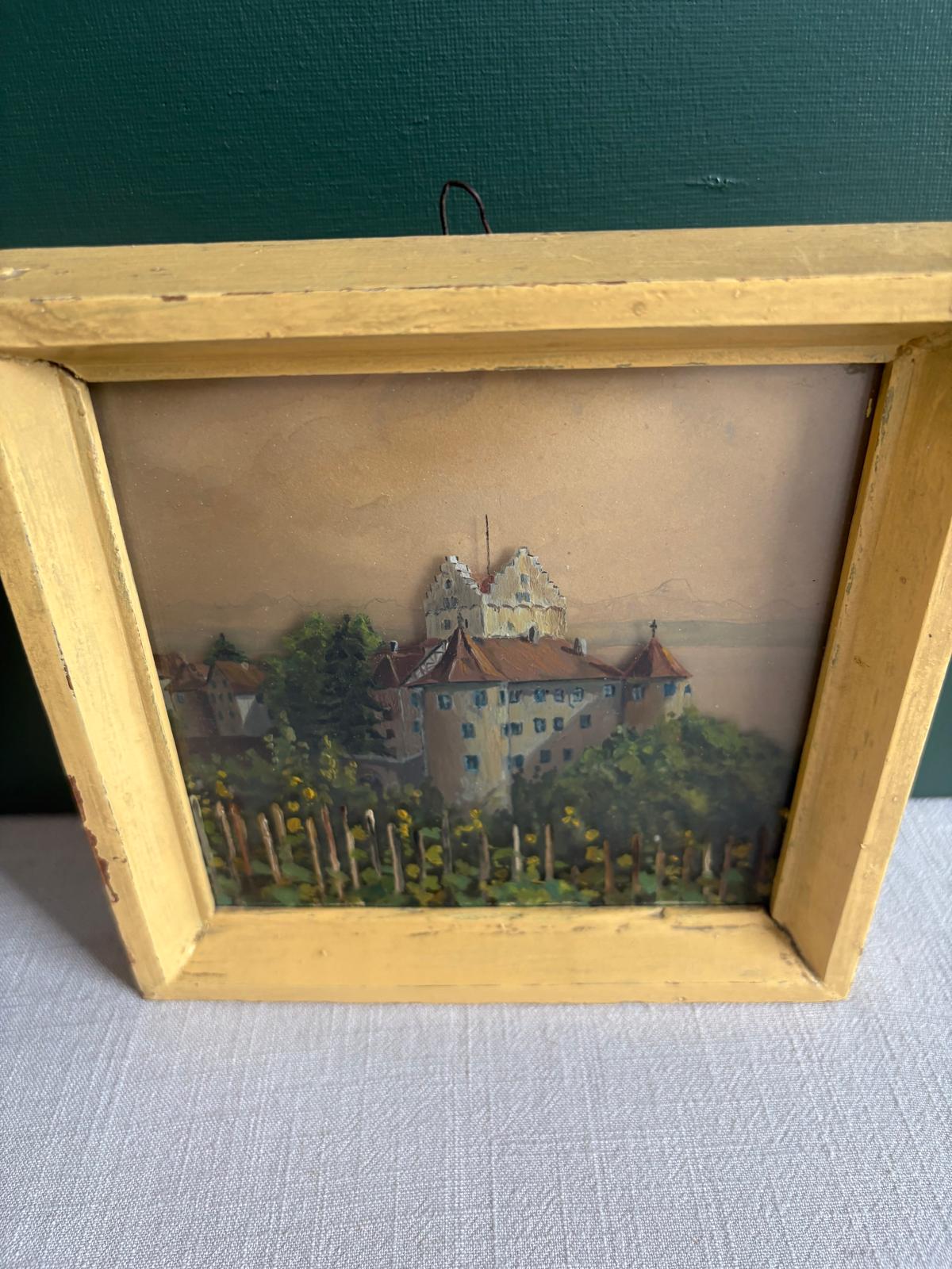 Vintage German Meersburg Bodensee Layered Glass Painting, 3D Castle & Vineyard Landscape