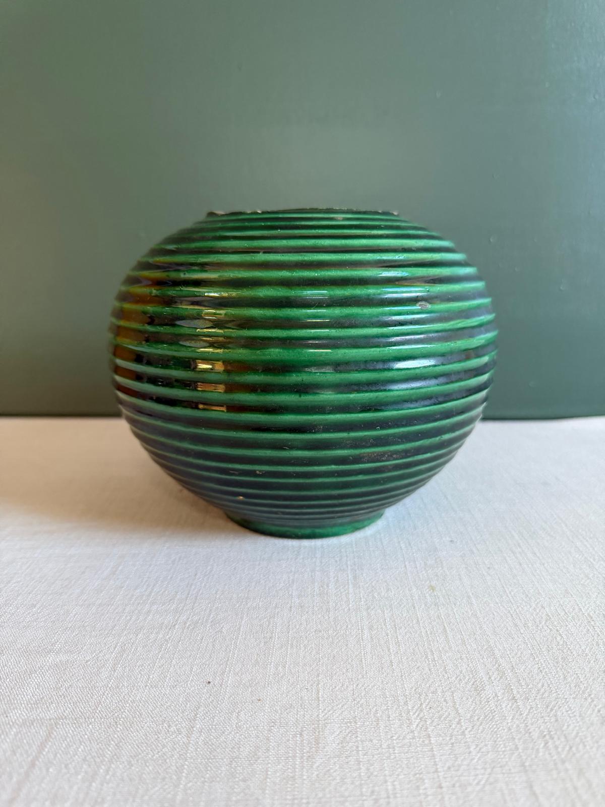 Vintage French Saint-Clément Green Ribbed Ball Vase