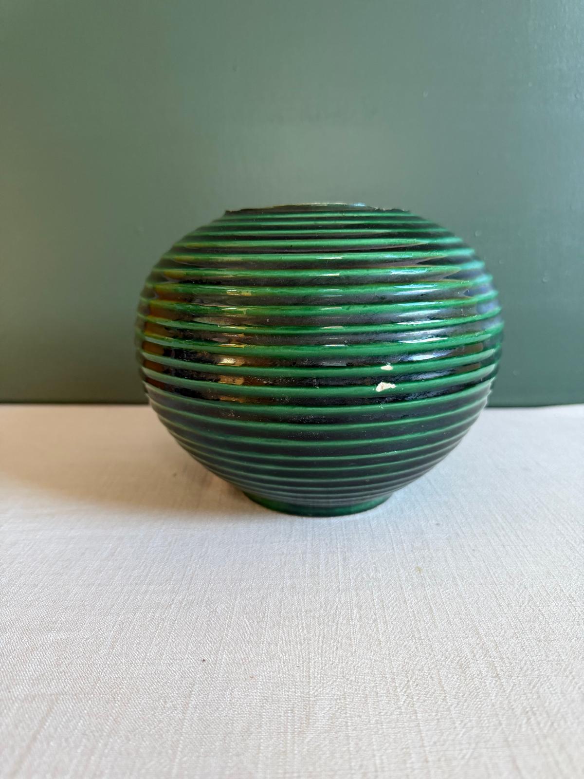 Vintage French Saint-Clément Green Ribbed Ball Vase