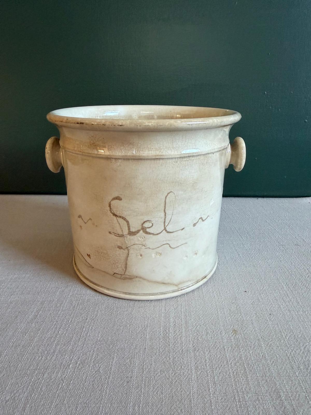 Antique French Sarreguemines “Sel” Salt Crock, c.1890 Cream Faience Pot
