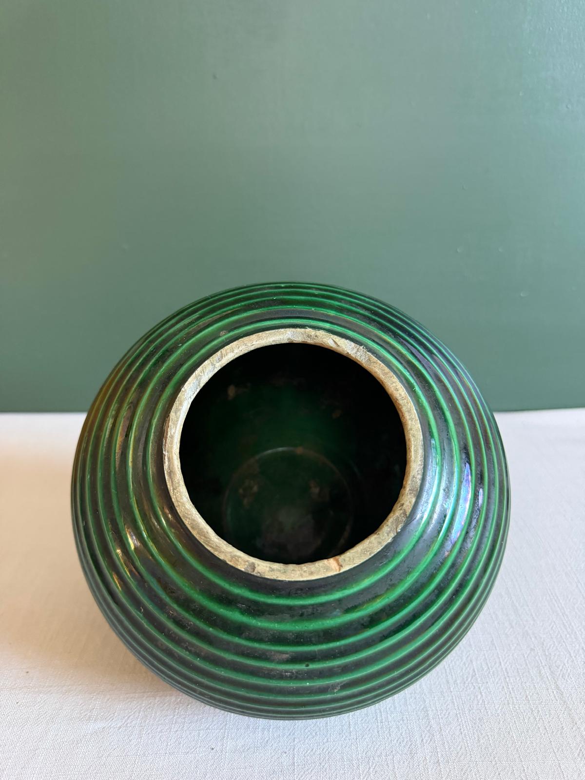 Vintage French Saint-Clément Green Ribbed Ball Vase