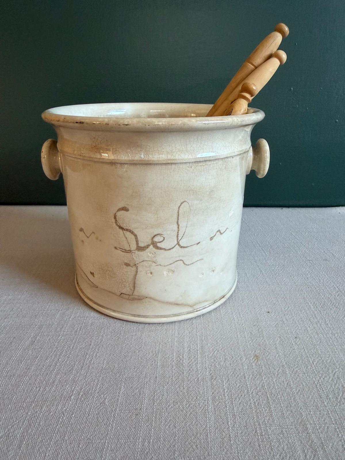 Antique French Sarreguemines “Sel” Salt Crock, c.1890 Cream Faience Pot