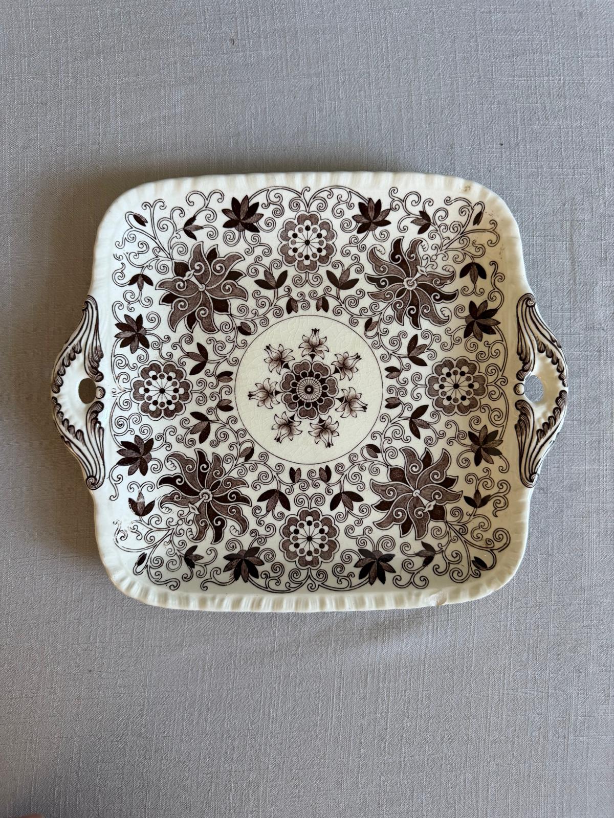 Vintage Mason’s Bow Bells Brown Transferware Handled Cake Plate