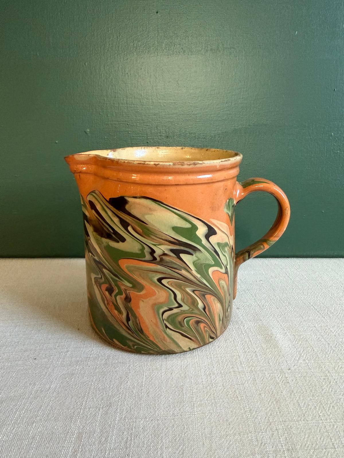 Antique French Savoyard Jaspé Pottery Pitcher, Marbled Slipware Jug, c. 1900