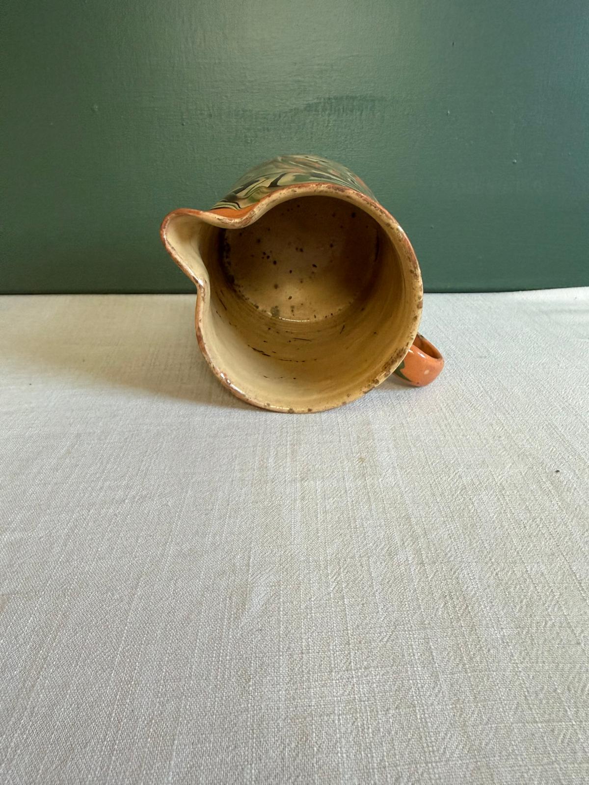 Antique French Savoyard Jaspé Pottery Pitcher, Marbled Slipware Jug, c. 1900