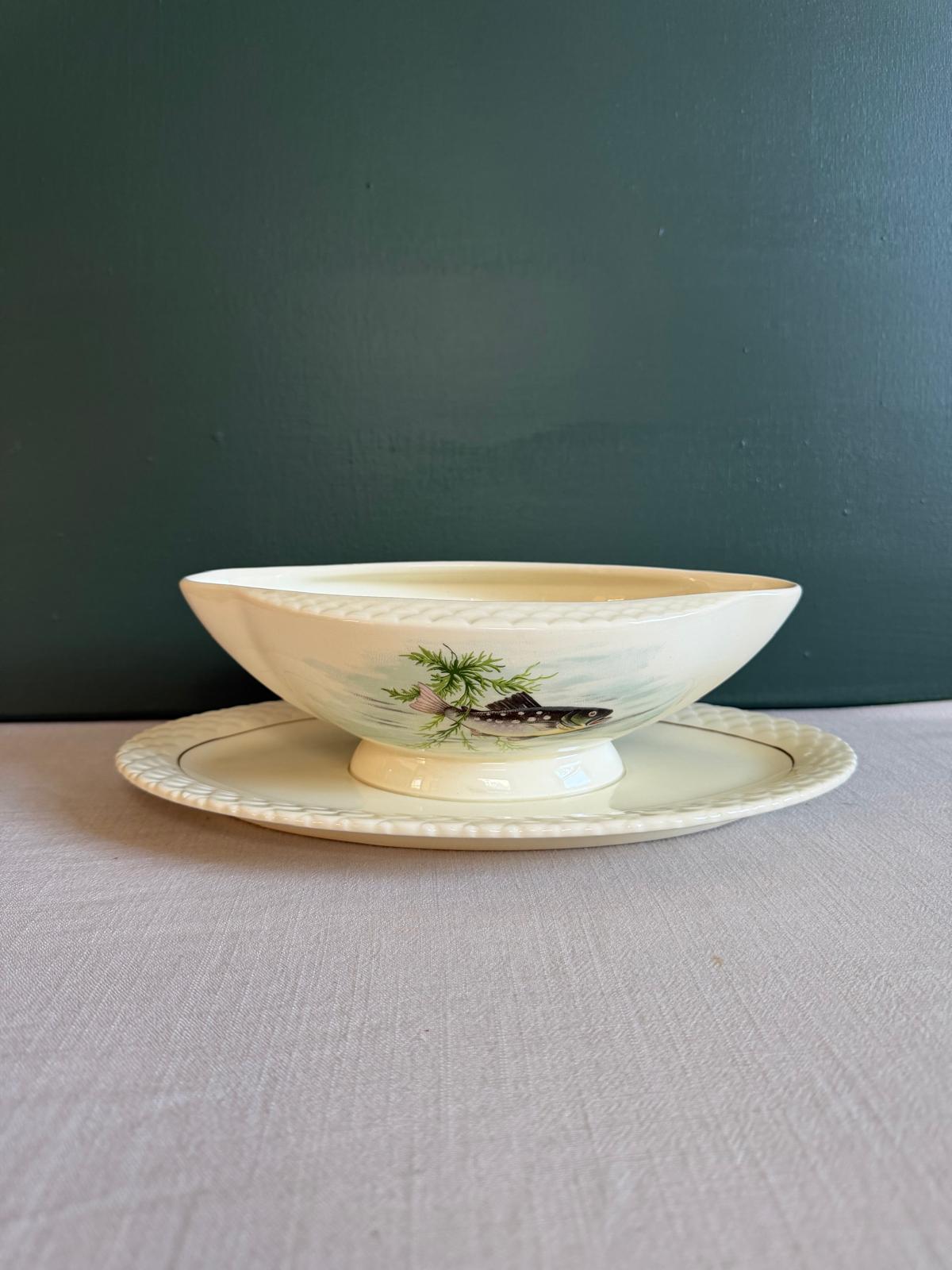 Vintage French Gien Fish Gravy Boat & Underplate