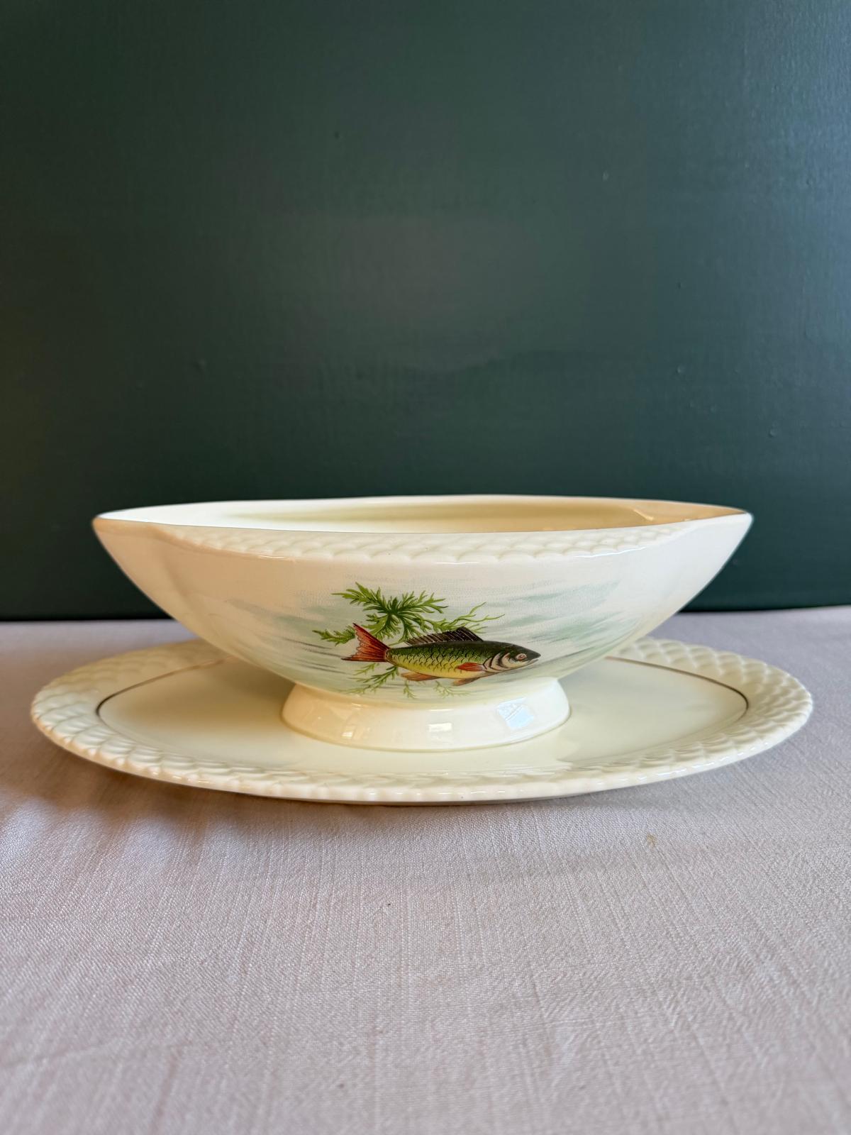 Vintage French Gien Fish Gravy Boat & Underplate