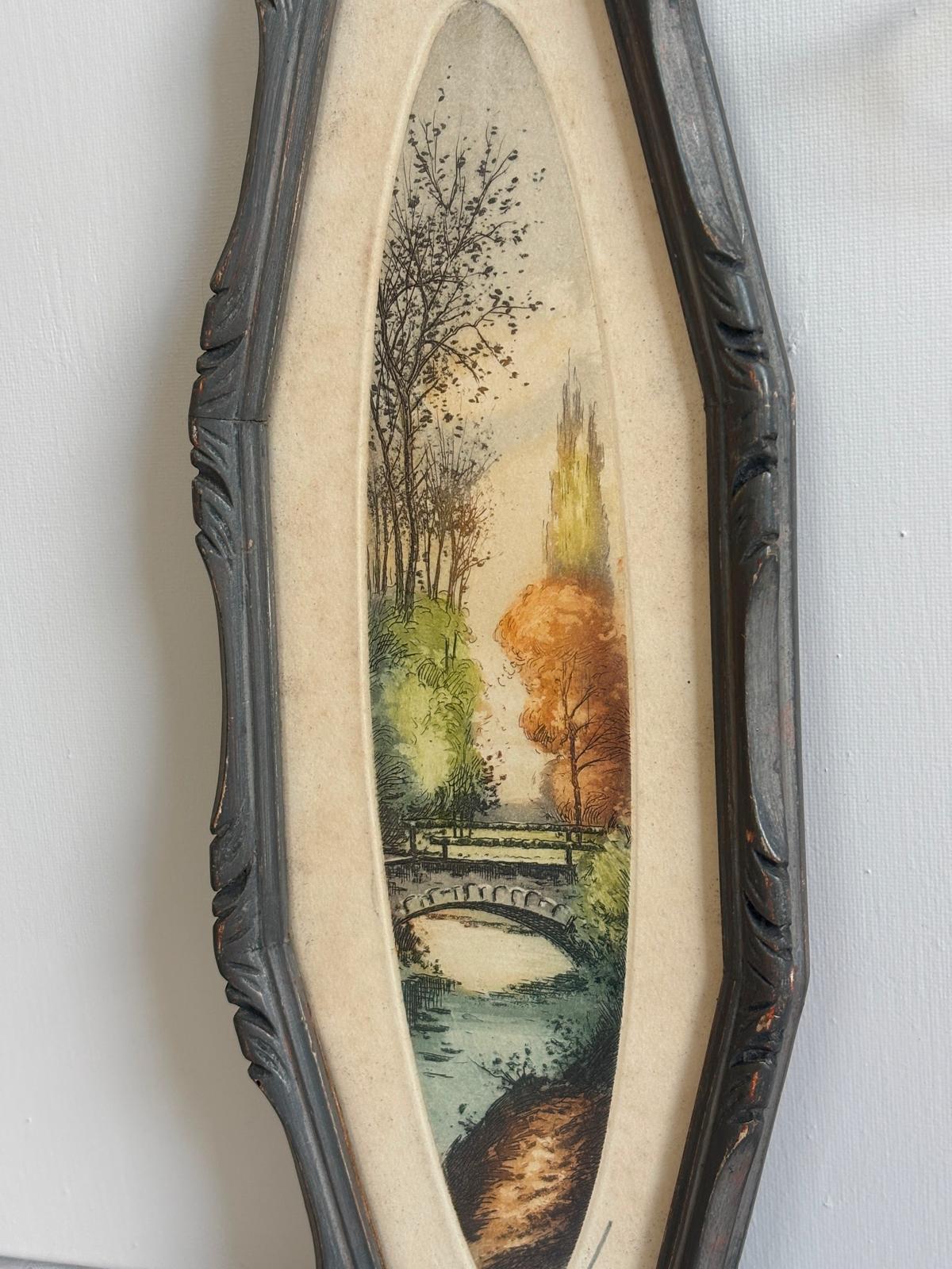 Antique French Hand-Colored Engraving, Woodland Bridge Landscape