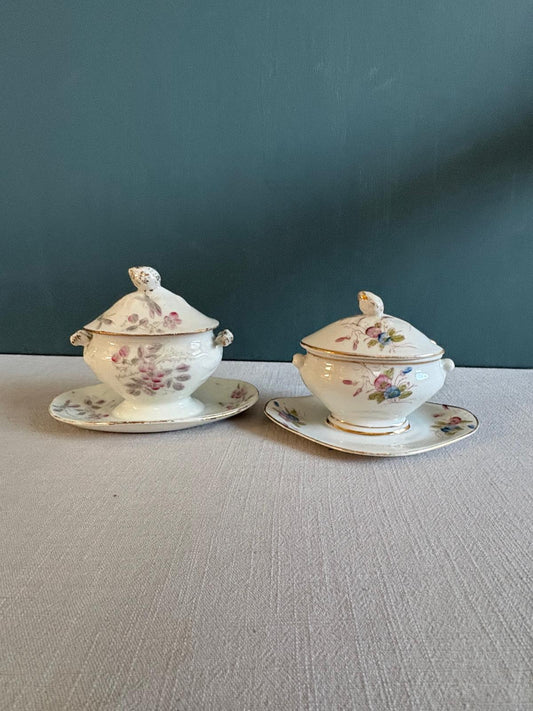 Pair of Vintage French Porcelain Covered Condiment Dishes with Underplates