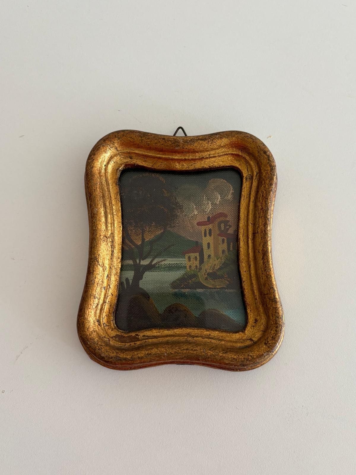 Vintage Italian Hand-Painted Miniature Landscape in Gilt Wood Frame - Collector & Curator