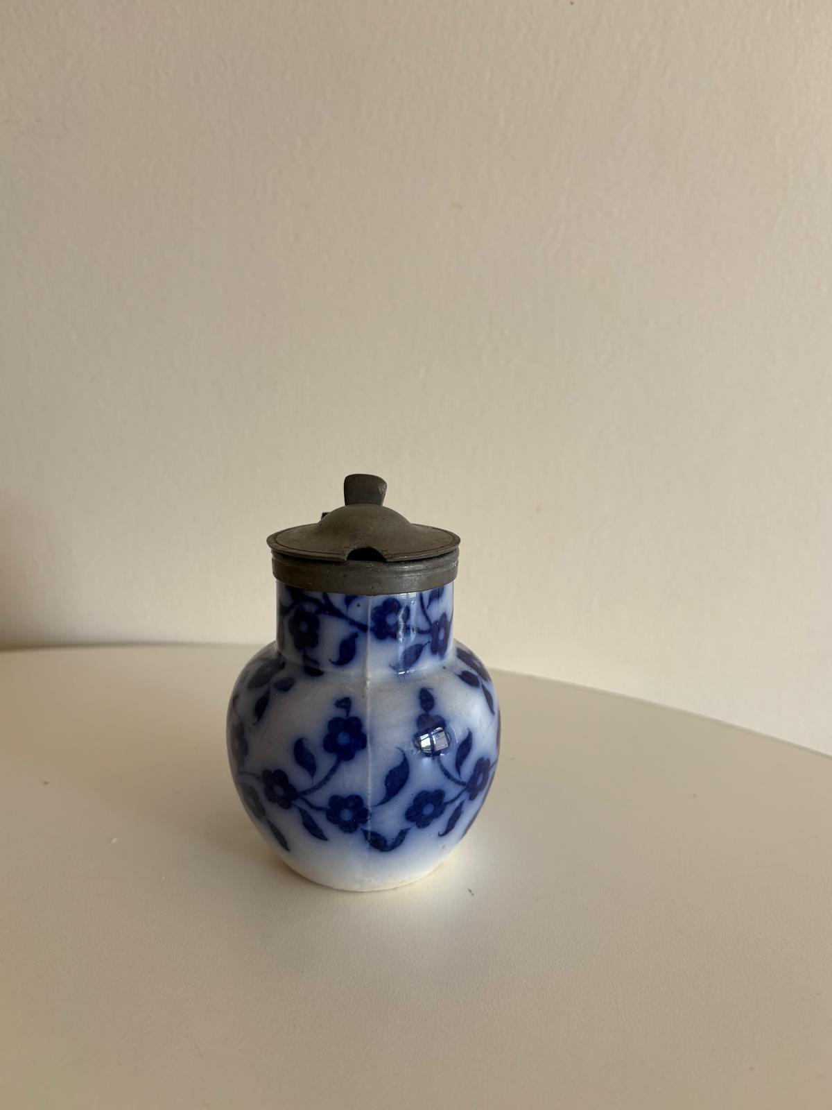 Antique Flow Blue Porcelain Mustard Pot with Pewter Hinged Lid
