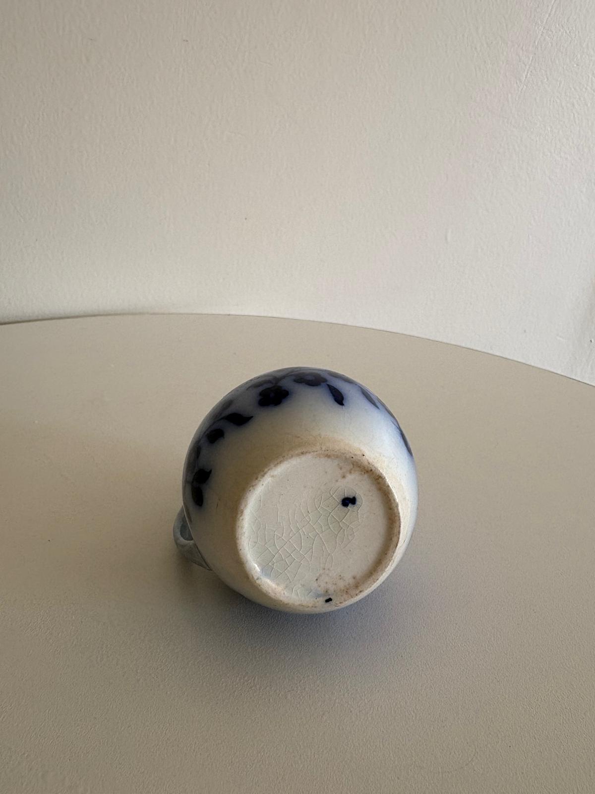 Antique Flow Blue Porcelain Mustard Pot with Pewter Hinged Lid