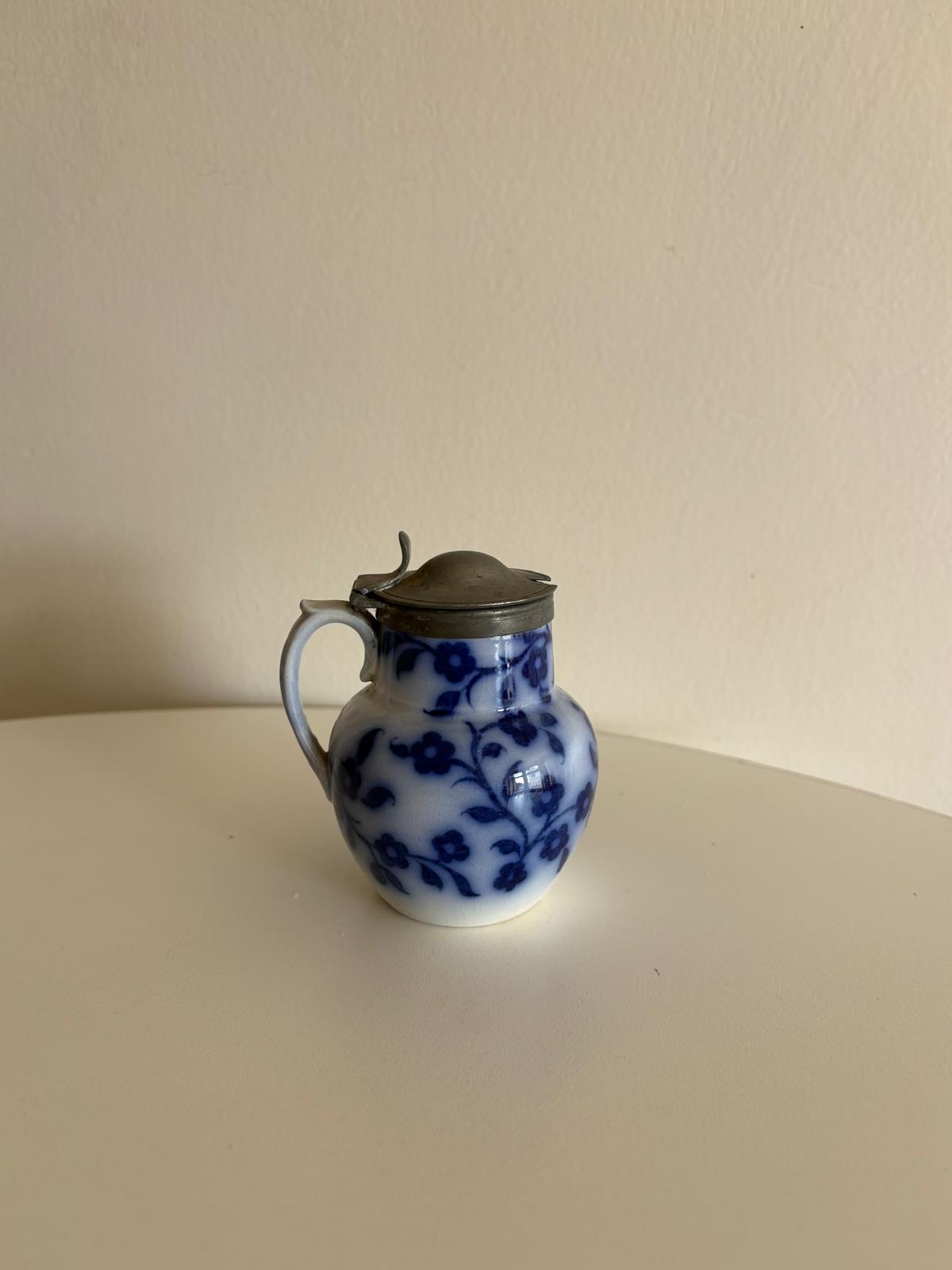Antique Flow Blue Porcelain Mustard Pot with Pewter Hinged Lid